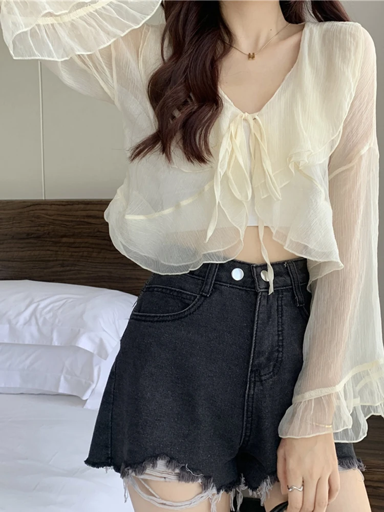 

Summer Anti-Uv Chic ort Length Women's Long Sve Chiffon irt with Lace Hem V-Ne Loose Fit Korean Sle Top