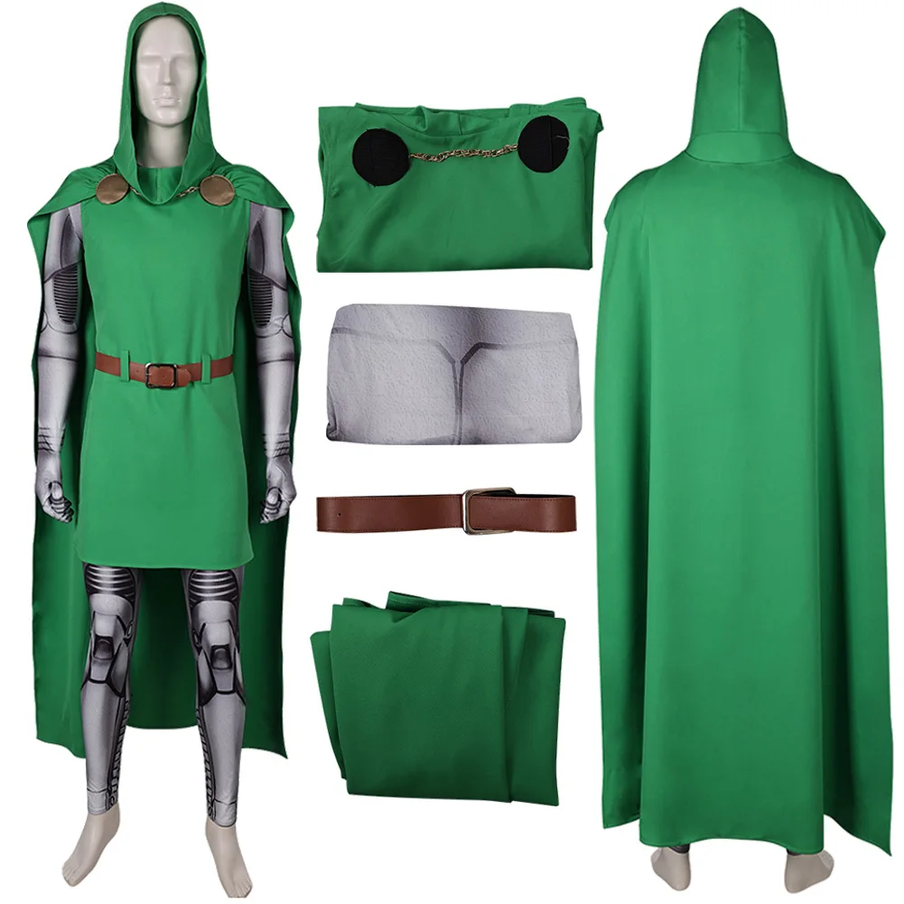 แฟนซี Super Villain Victor Doom คอสเพลย์สําหรับชายเสื้อคลุมเสื้อผ้าภาพยนตร์ 4 ชิ้น Fantastic เครื่องแต่งกายปลอมตัวผู้ใหญ่ Man Fantasia ชุด