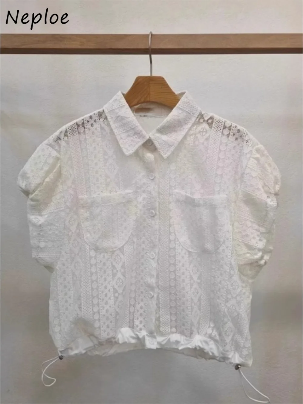 

Neploe Simple Office Lady Turn-down Collar Shirt Drawstring French Hollow Out All-match Blouses Minority Korea Chic Casual Tops