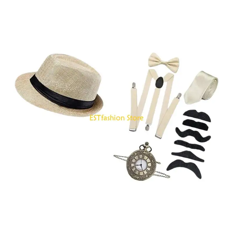 Y5GC 1920s เครื่องแต่งกายบุรุษอุปกรณ์เสริม,roaring 20s ชุด Fedoras หมวกนาฬิกาพ็อกเก็ต Suspenders Bowtie Tie หนวดเครา