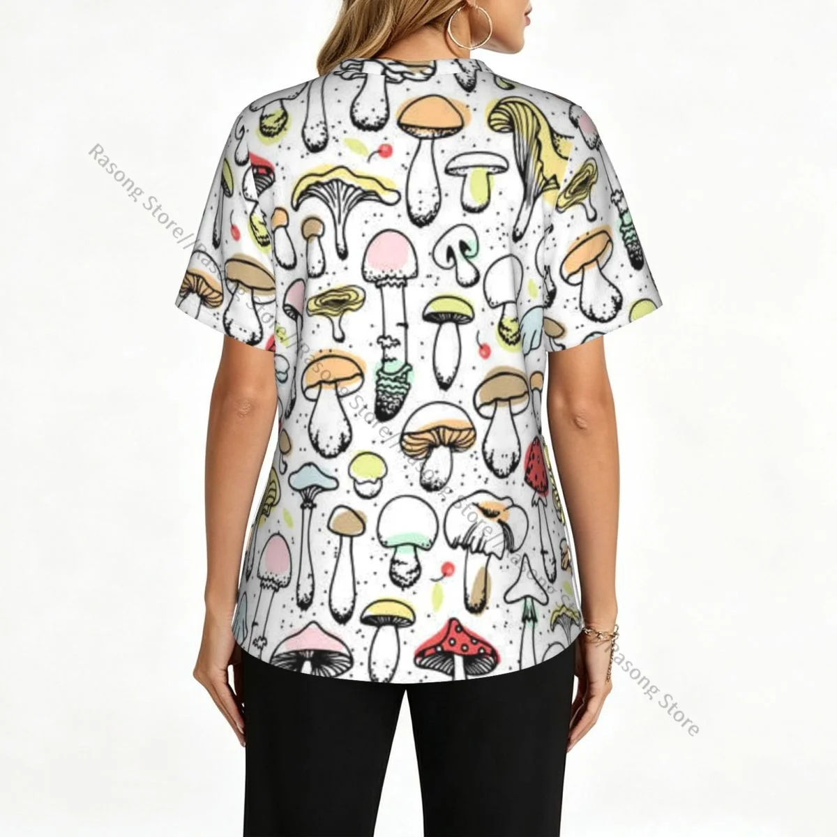 Women Scrubs Blouse Medical Nurse V-neck Clinical Scrubs Top Mushrooms Berries With Leaves Operating Room Work T-shirt