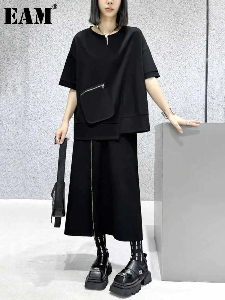 

[EAM] Black T-shirt Half-body Skirt Two Pieces Suit New Round Neck Short Sleeve Women Fashion Tide Spring Summer 2024 1DH5413