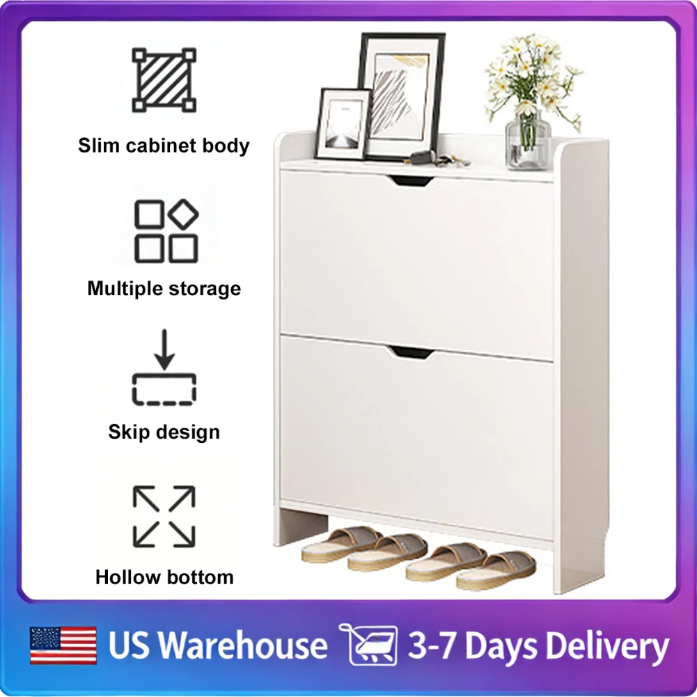 Free Standing Wooden Shoe Cabinet 2 Tier Narrow Flip Drawers Shoe Storage Organizer Space Saving for Entryway Bedroom Living