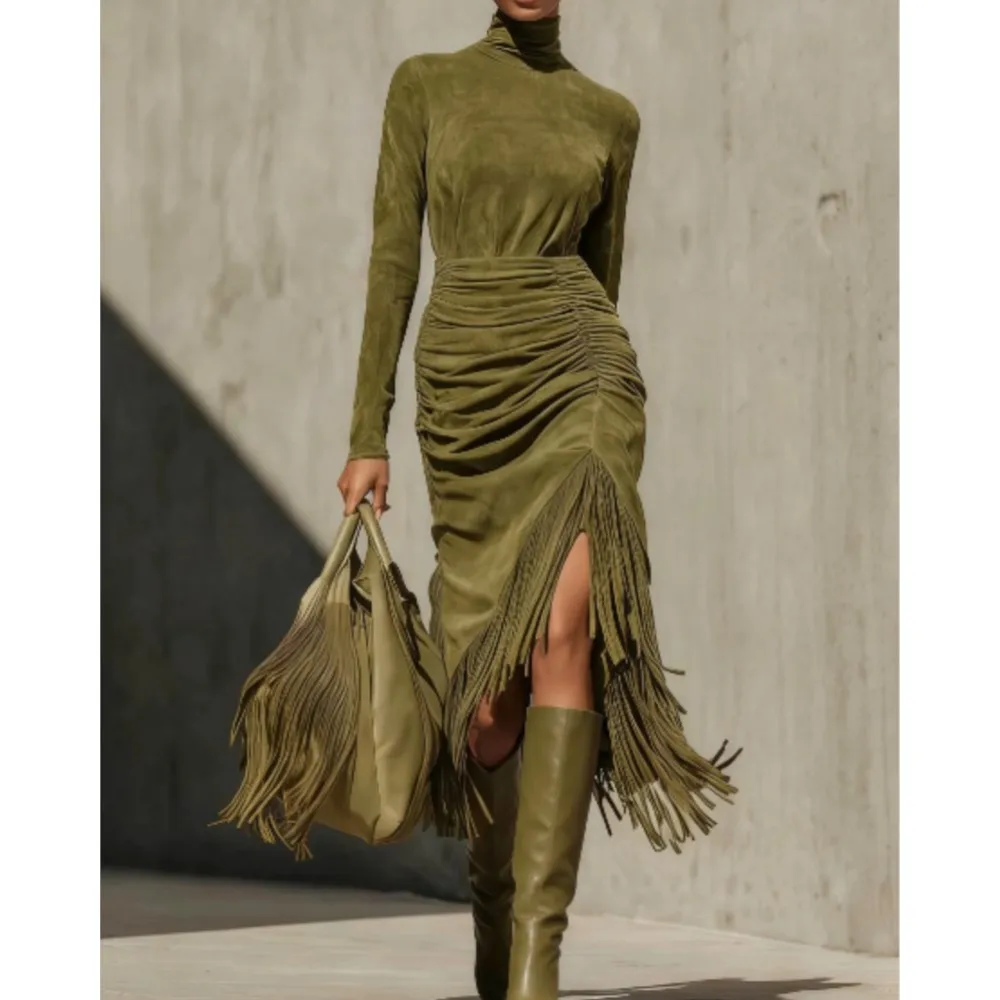 

Tassel Pleated Dress Spring Summer Women's New Solid Color Casual High Collar Irregular Long Dress Vestidos De Fiesta Elegantes