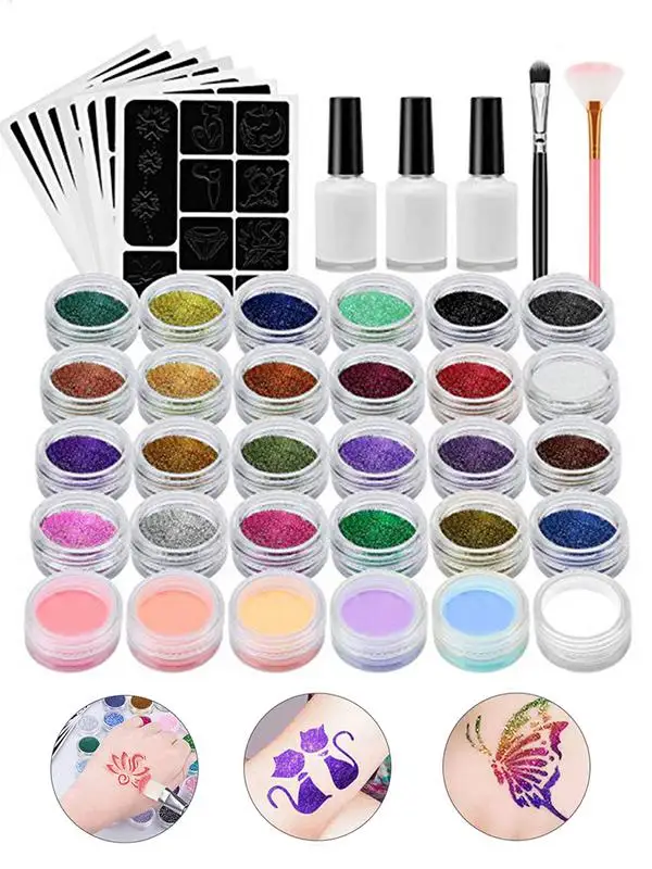 Colorful Diamond Glitter Temporary Tattoo Set Glitter Powder Makeup Brush Tattoo Glue Tattoo Party Face Body Art Kits For Kids