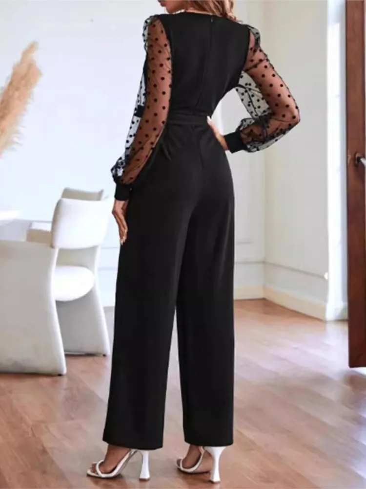 New Fashion V Neck Women\'s Lace Long Sleeve Jumpsuit Belt Straight Pants Elegant Women\'s Clothing Autumn Casual Black Jumpsuits