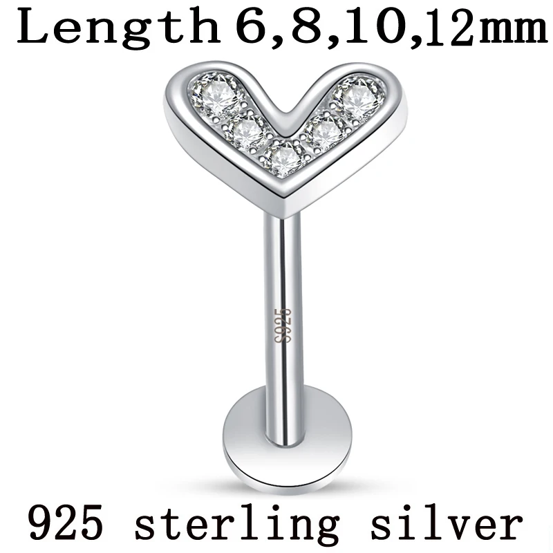 Labret Whole 925 Sterling Silver Body Piercing Heart Pring Clear Zircon Stones Internal Screw Thread Rod Fine Jewelry