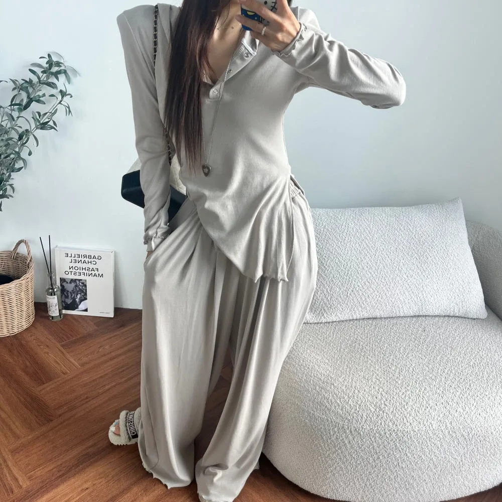 T-shirt amincissant à capuche et volants, couleur Pure, haut polyvalent, pantalon Long décontracté, ensemble deux pièces pour femmes, automne Faion