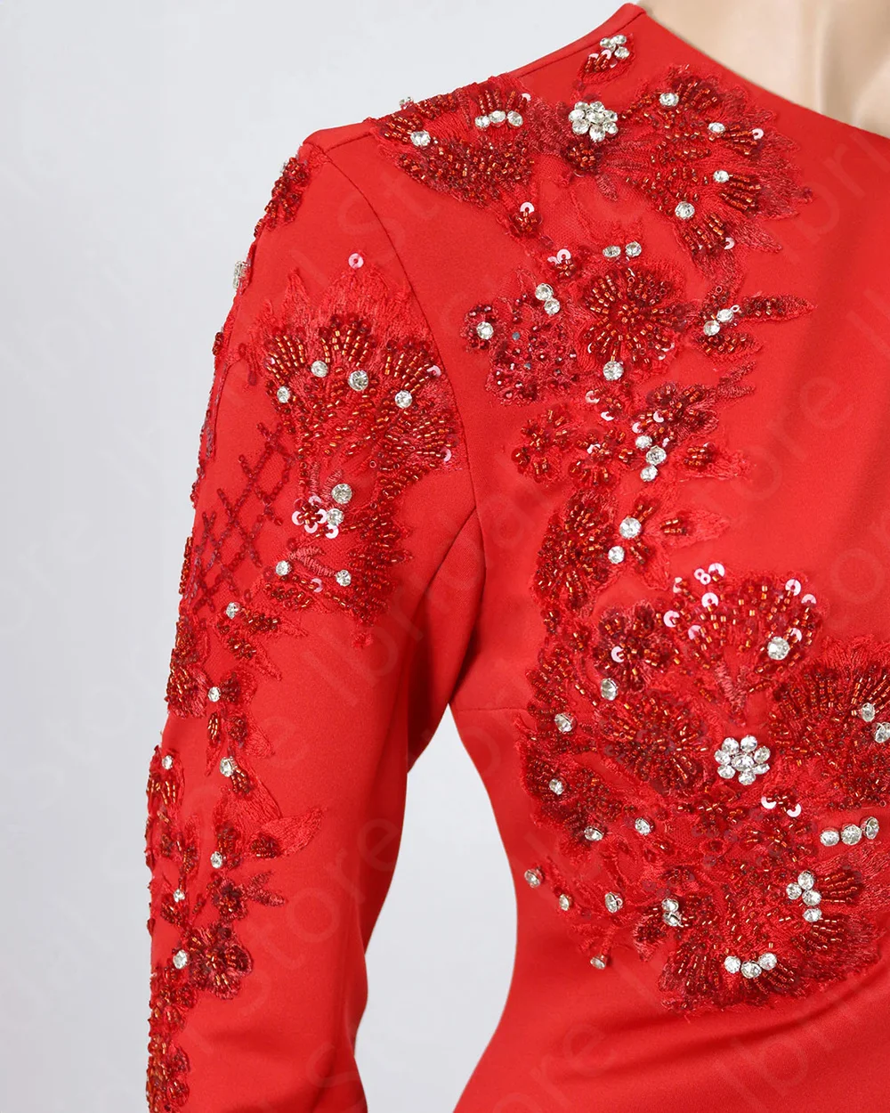 Customized On Sale Red Evening Dresses Mermaid Arabic Prom Gowns Long Sleeves Beading Sequined Wedding Guest Dresses Middle East