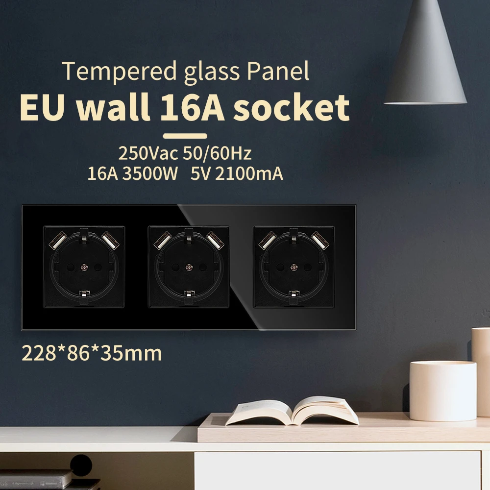 UBARO EU 228 *86 White Crystal Glass Panel Wall Socket  USBA+C 5V 2100mA Outlet Suitable for Round Installation Box 250V 16A