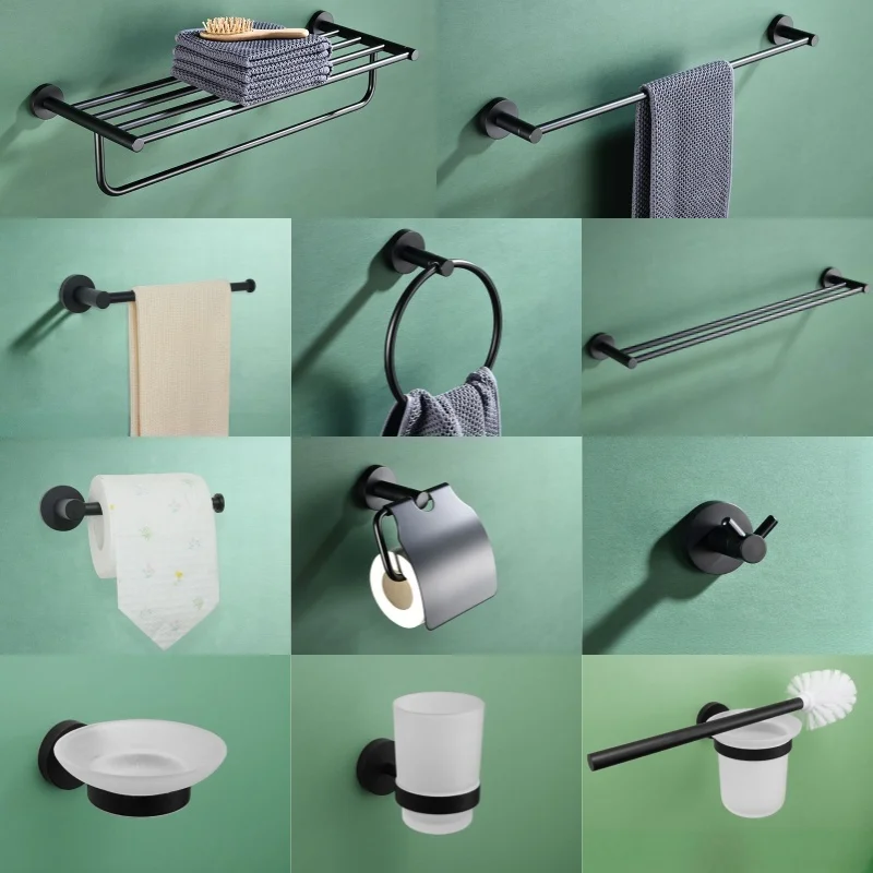 Bathroom Accessories Towel Rack Shelf Bar Roll Paper Holder With Cover Hand Towel Bar Holder Robe Hook Toilet Brush Holder Black