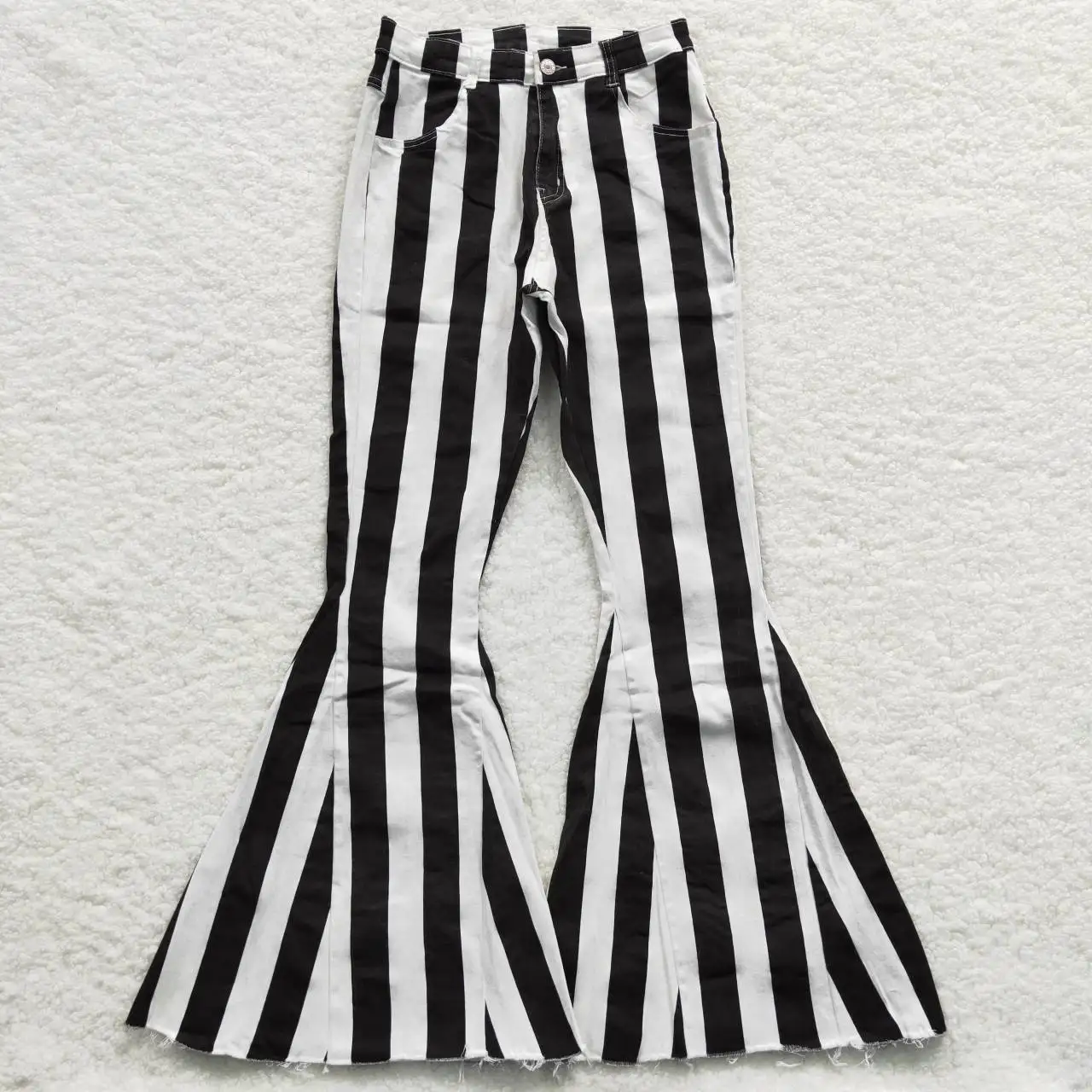 Women Adult Clothes Black White Striped Print Denim Jeans Pants Bell Bottoms P0121