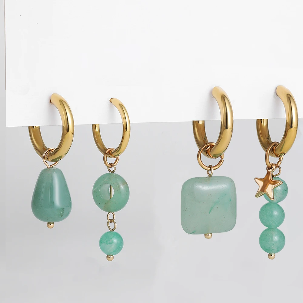 Handmade Natural Green Stone Beads Drop Earrings for Women Golden Color Stainless Steel Circle Huggie Bohemian Jewelry Bijoux