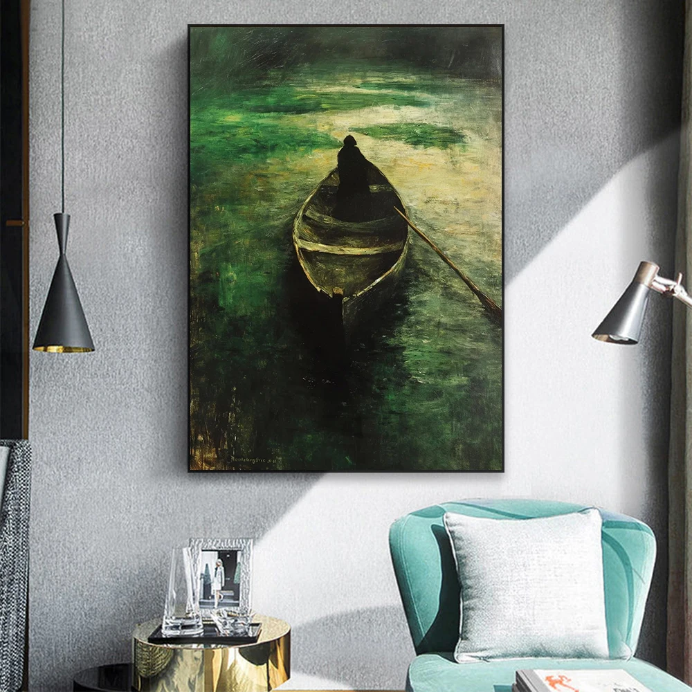 Vintage Oil Painting Prints Wall Art Poster Man Rowing Poster Green Landscape Canvas Painting Decor Home Living Room Decor