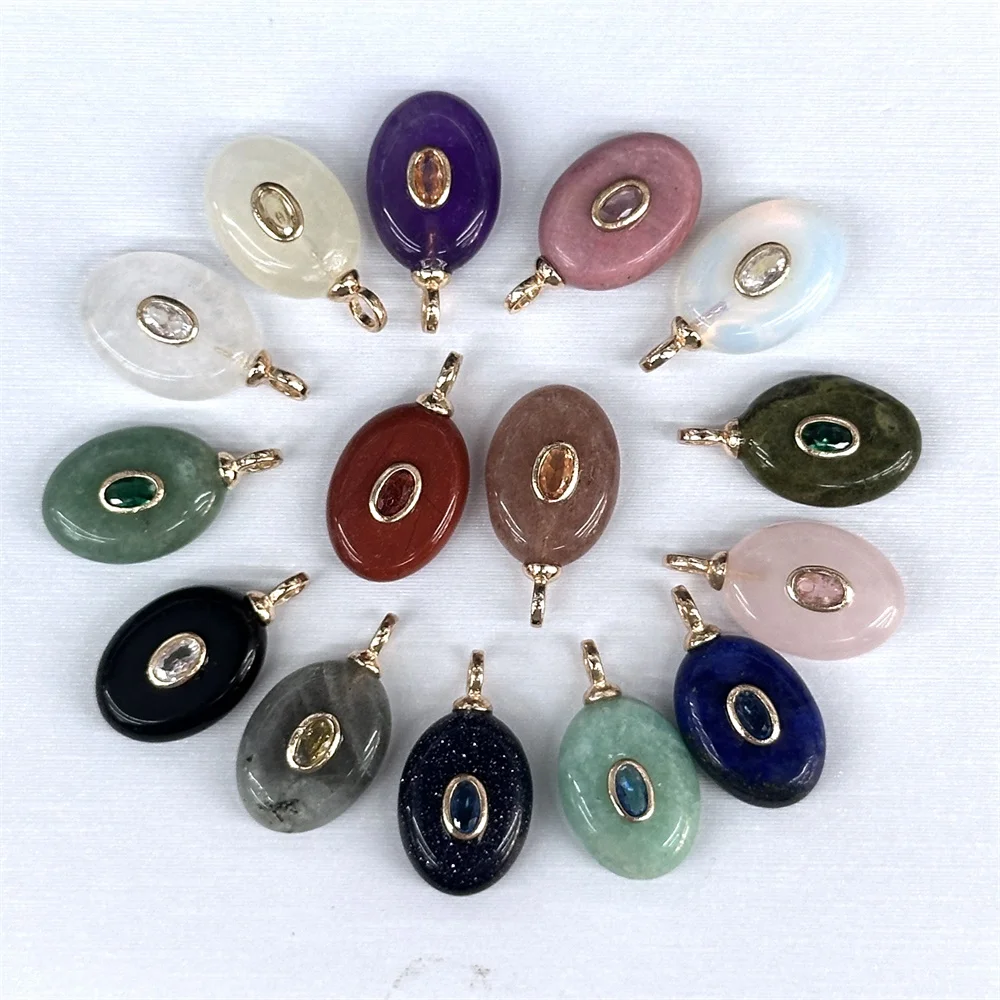Wholesale 10pcs/lot Colorful Zircon Paved Carved Oval Shape Natural Stone Pendant Gold Charms for DIY Necklace Jewelry Making
