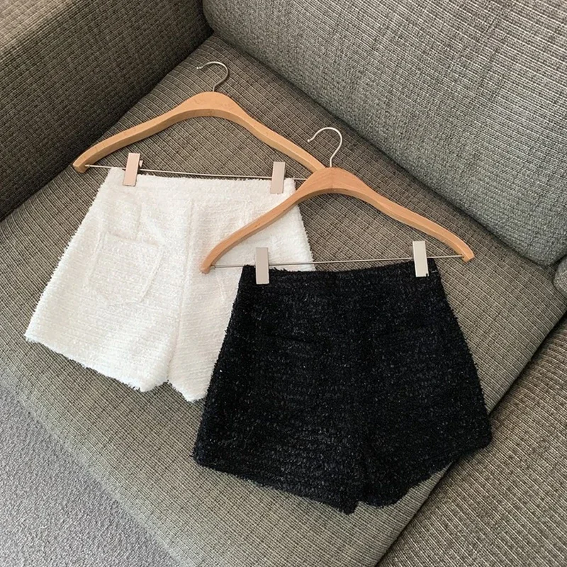 MEXZT-pantalones cortos de Tweed para mujer, Shorts elegantes de cintura alta y pierna ancha para oficina, coreanos, blancos y negros, informales, combinan con todo, nuevos