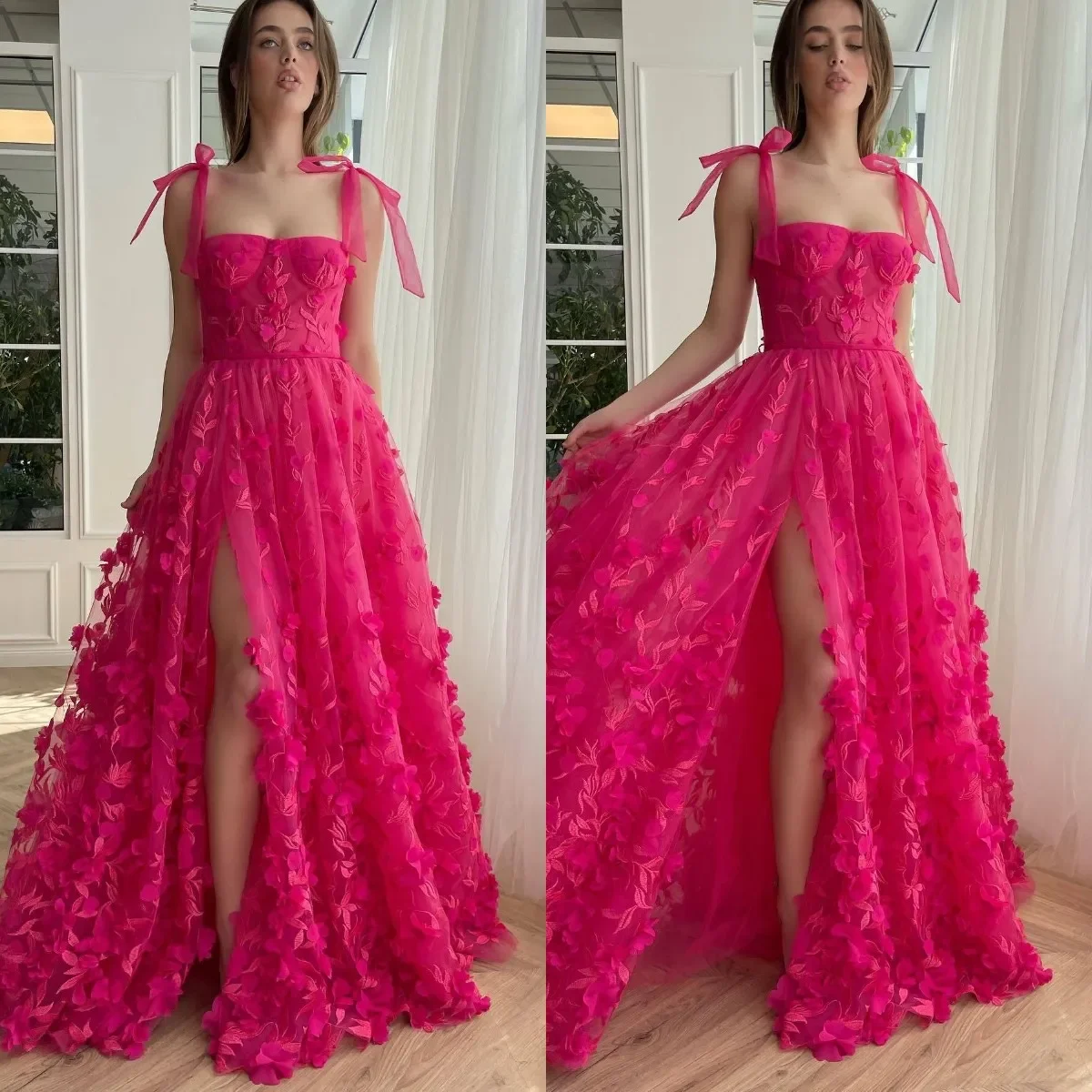 Princess Sexy Side slit Ball dress Spaghetti Floral Decal slit semi-formal red carpet long special occasion evening dress custom