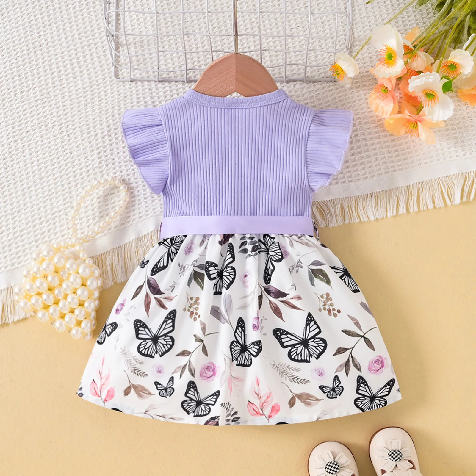 0-24 Months Newborn Baby Girls Summer Clothes Dress Fly Sleeve Rib Patchwork Butterfly Print Dress Lovely Princess Girls Dresses