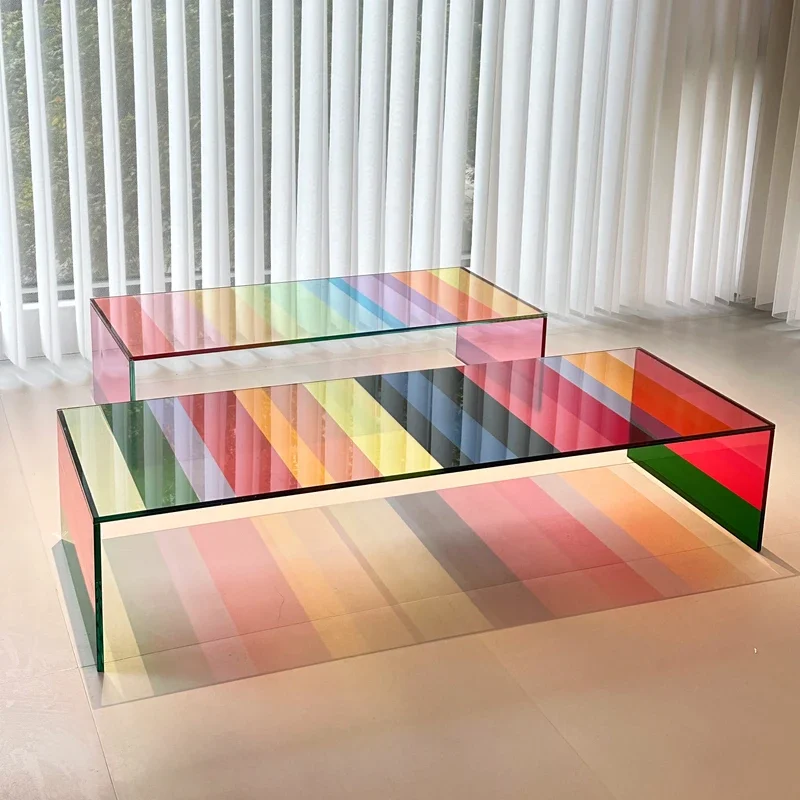 Modern rainbow tempered glass coffee table living room Internet celebrity designer furniture art platform