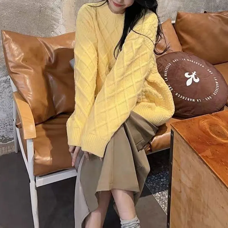 Gentle Yellow Loose Knitted Pullovers Women's Clothing Casual Round Neck Autumn Winter Solid Color Korean Long Sleeve Sweaters