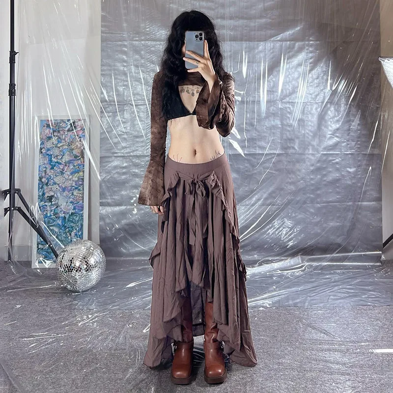 Saia midi longa com design de aba de orelha de madeira irregular estilo vintage para mulheres – Novo estilo versátil