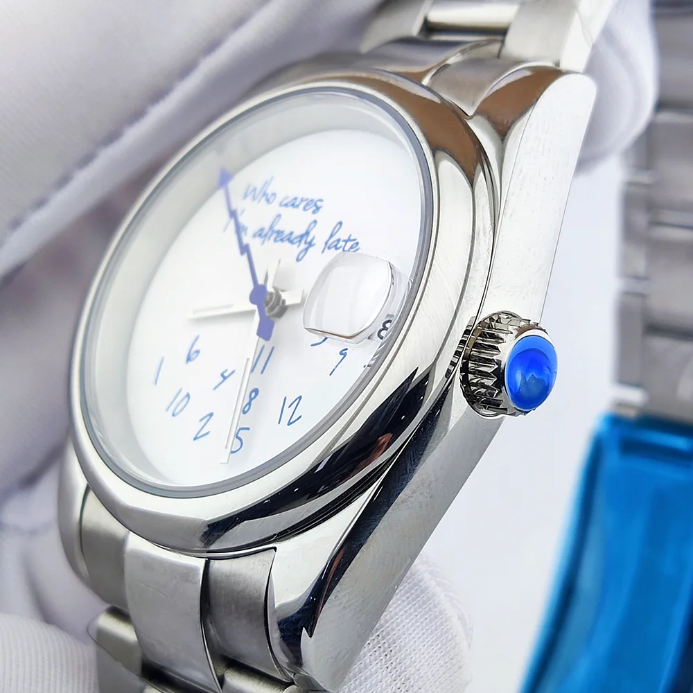 NH35 watch who cares im already late watch blue text dial 10bar waterproof sapphire glass 904L stainless steel watch men's watch image 5