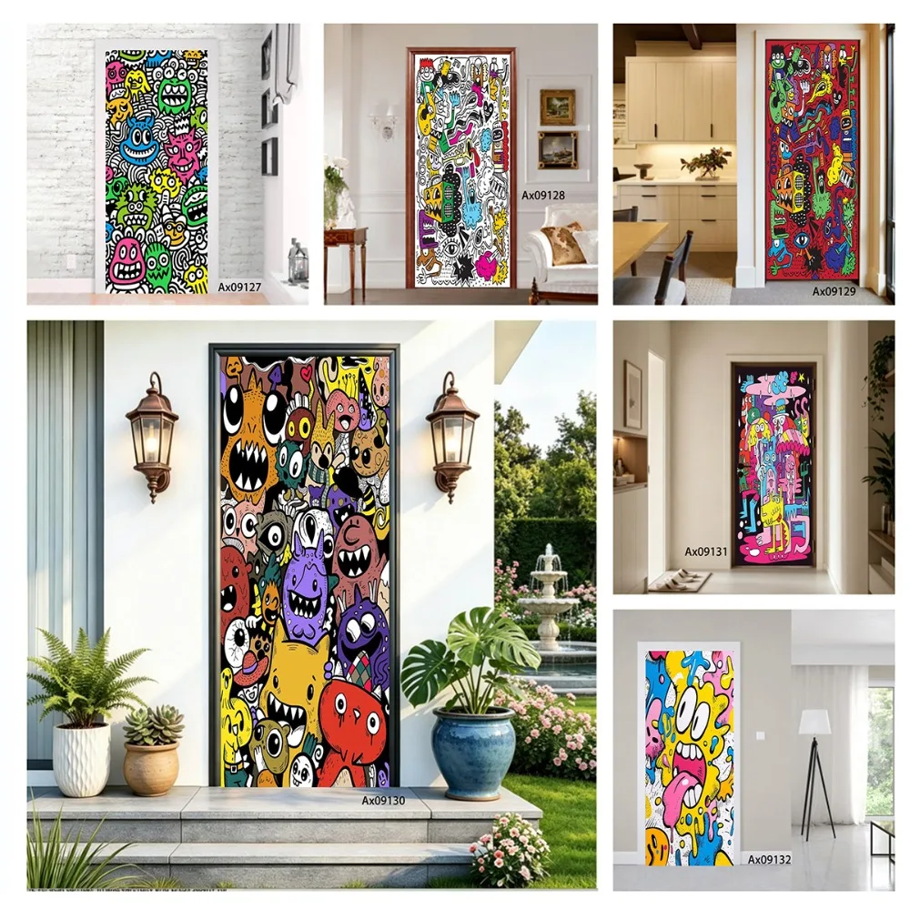 Colorful Cartoon Graffiti Monster Door Sticker Funny Doodle Self‑Adhesive Door Mural Cabinets Wardrobe Door Aesthetics Decor