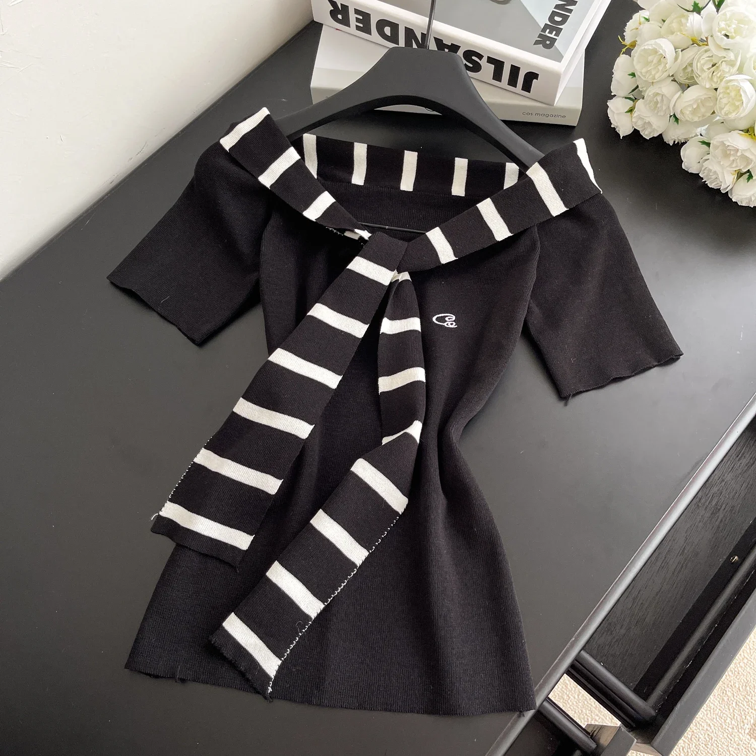 Pop Dopamine Sweet Spicy Knit T Shirt Women Short Sleeve With Shoulder Cape Patchwork Commuting Elegant Tops Trendy Summer Outfi