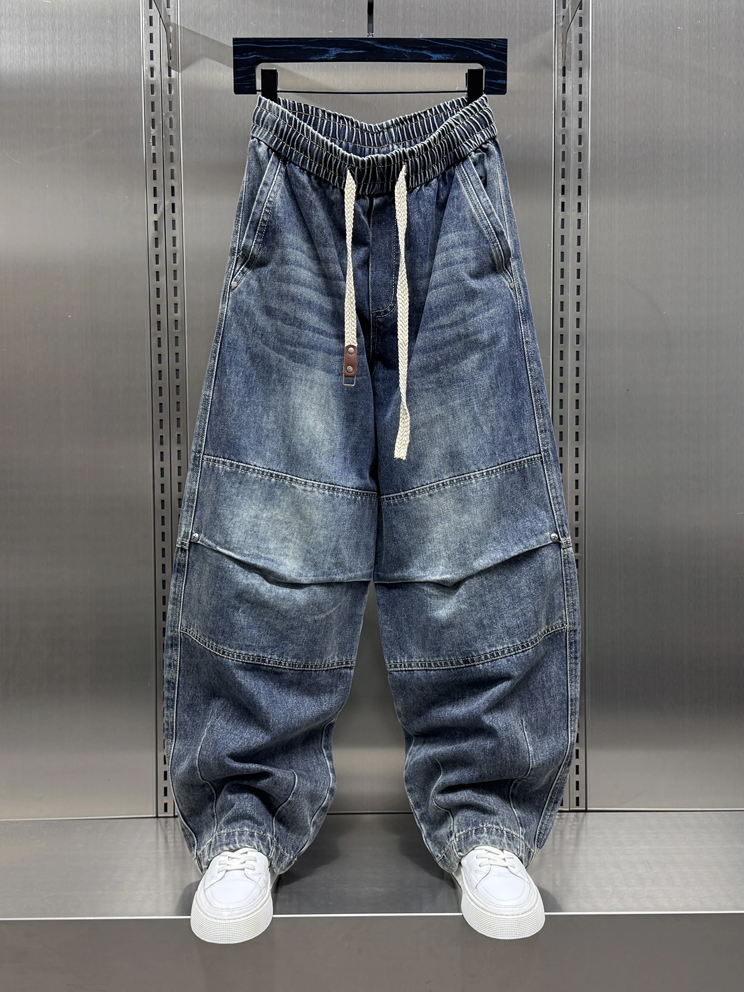 

Faionable American Waed Denim Jeans Men's Autumn New Loose Trendy Brand Pleated Splicing Straight Leg Workwear Pants