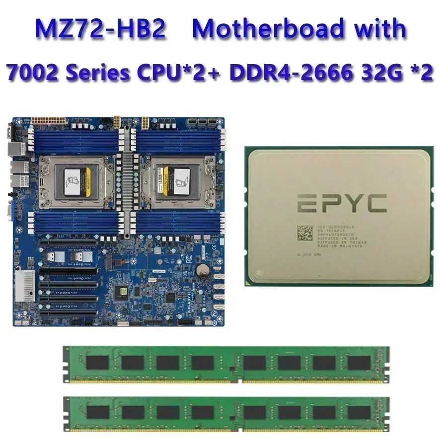 MZ72-HB2 REV3.0 Motherboard + 32GB DDR4-2666 RAM  EPYC 7F72 7F52 7F32 7H12 7742 7702 7702P 7662 7642 7552 7542 7532 7502 CPU Pro