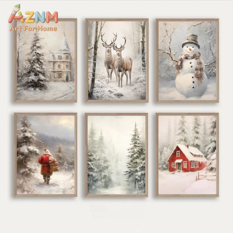 AZNM Vintage Winter Snow Forest Reindeer Snowman Santa Canvas Wall Art, Rustic Christmas Frameless Canvas Print Poster for Farmh