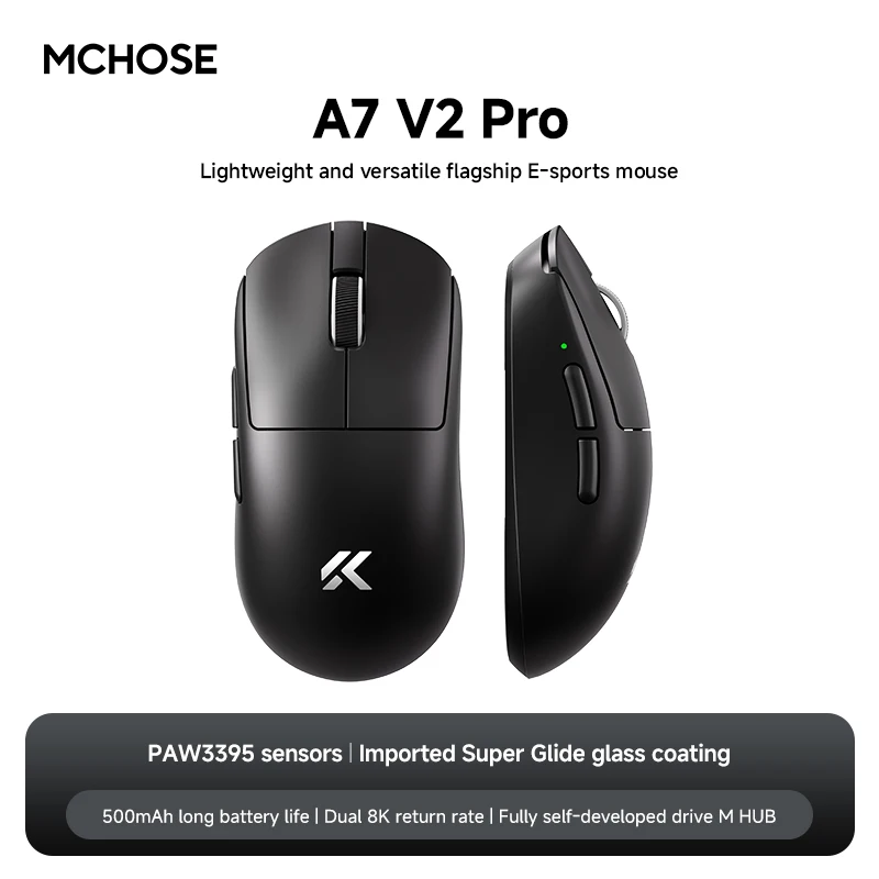 MCHOSE A7 V2 Ultra Gaming Muis PAW3950 TI Sensor Dual 8000Hz 20000fps 42000DPI 750IPS Geïmporteerde Super Glide Glas Coating CSGO