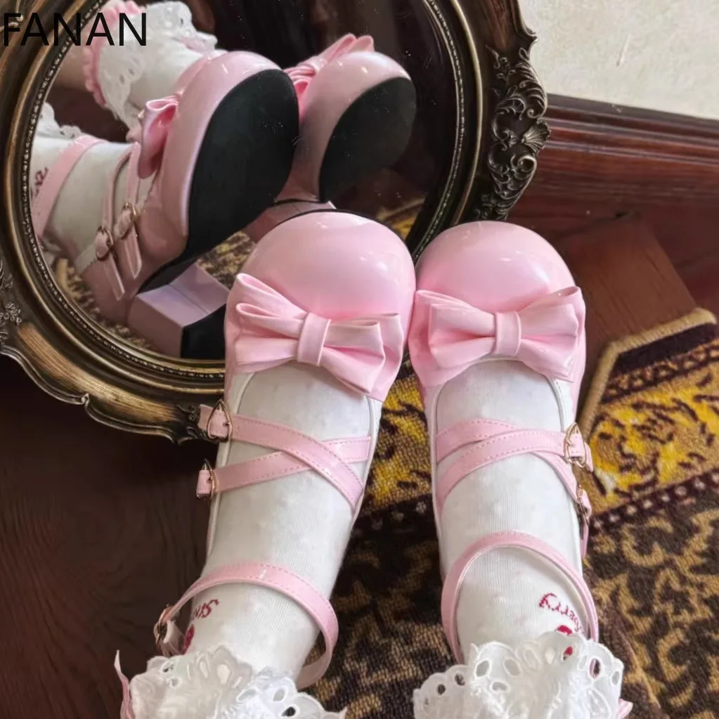 2025 New Lolita heels Leather Shoes Round Head Pink Platform Heel Single Shoes Casual Elegant Comfortable Single Shoes