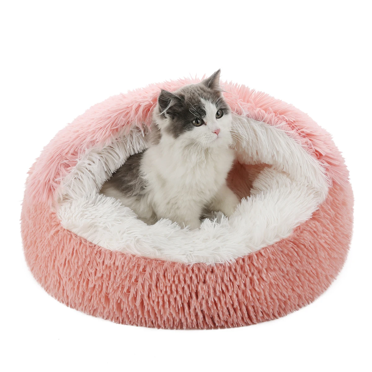 Katzenbett, rund, flauschig, mit Kapuze, Katzenbett, Höhle, Katzenbett, Donut für Katzen im Innenbereich, beruhigende Hunde- und Katzenbetten für kleine, mittelgroße Hunde und Katzen
