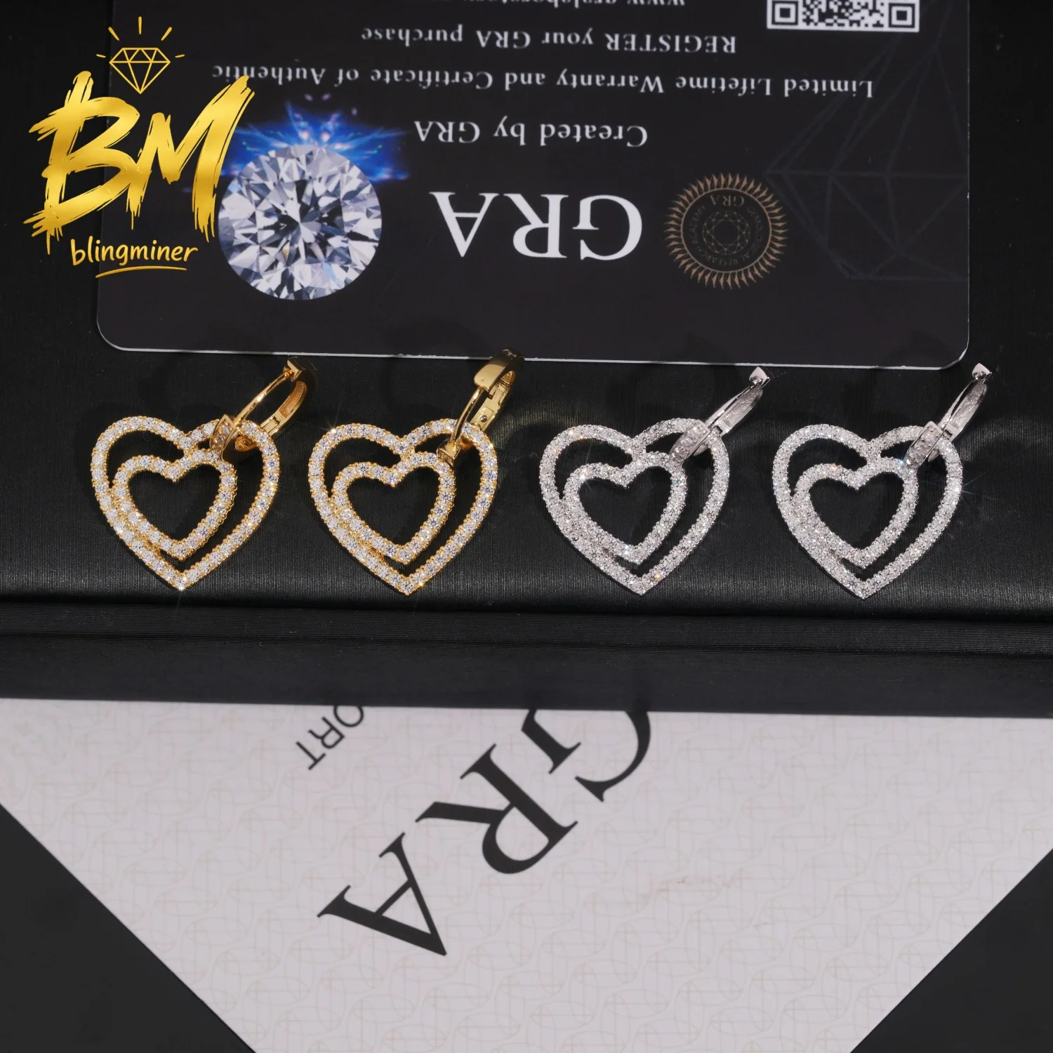 Blingminer Double Heart VVS Moissanite Earrings S925 Silver Ear Studs For Women Pass Diamonds Tester GRA  Free Shipping