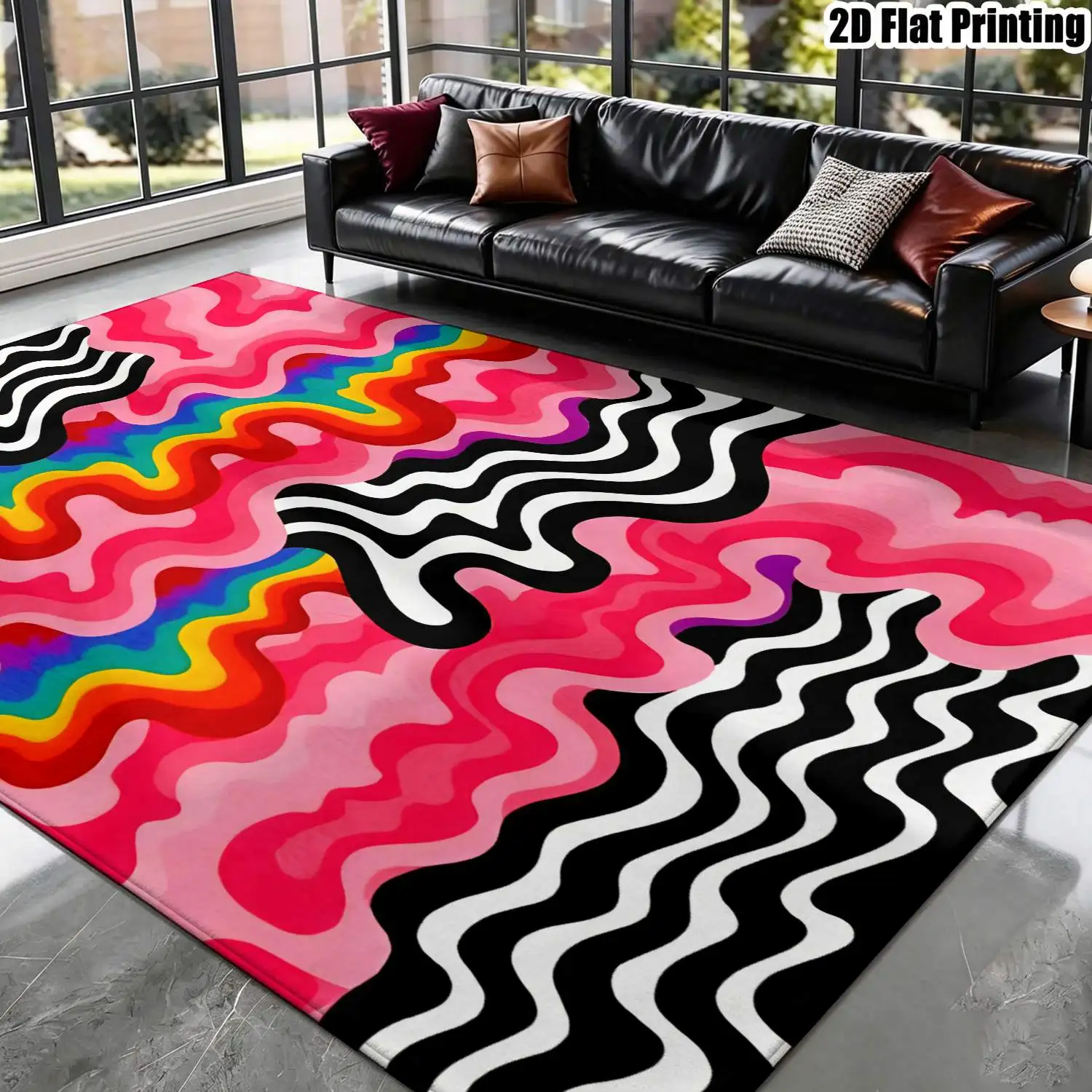 1Pc 2D Printed Carpet: Pink, Black, White Abstract Art Wave Pattern, Nordic/Instagram/Modern Minimalist/Geometric Striped Style, Multi-Size, Machine-Washable, for Entrance, Dining Room, Foyer, Bedroom, Living Room Home Decor