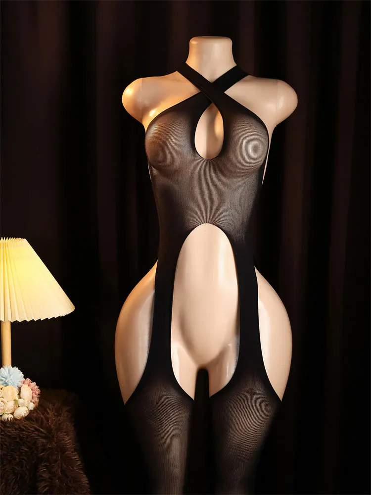  Crotchless Bodystockings One Piece Vestido  Lingerie Women Hollow Teddy Baby Doll Dress Porn Costumes