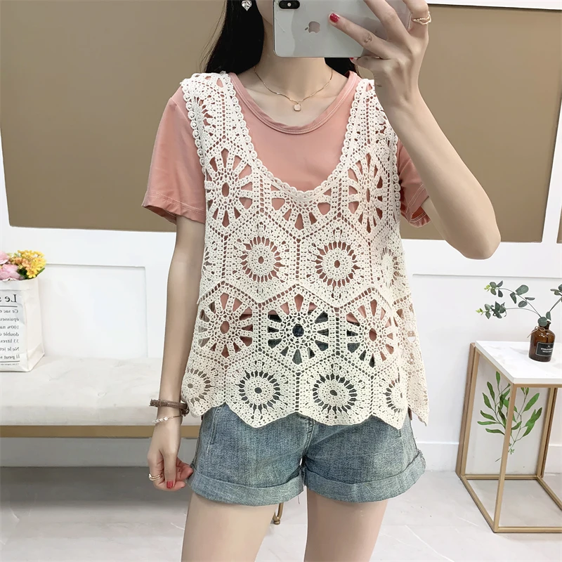 Women\'s Hollow Out Crochet Tank Top Sleeveless Summer Vest Korean Style Casual Holiday Beach Boho Beige Lace Top