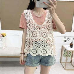 Women's Hollow Out Crochet Tank Top Sleeveless Summer Vest Korean Style Casual Holiday Beach Boho Beige Lace Top