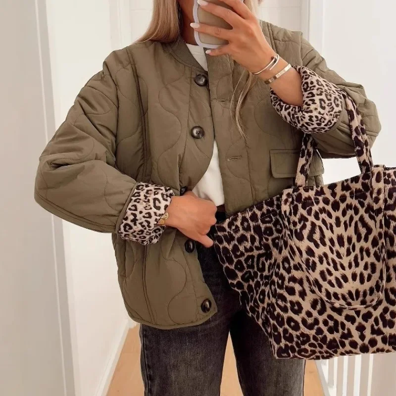Women's Single-breasted O-Neck Jacket Autumn Winter Fashion Long Sleeve Coat Retro Leopard Lining Casual Jacket Y2k Streetwear