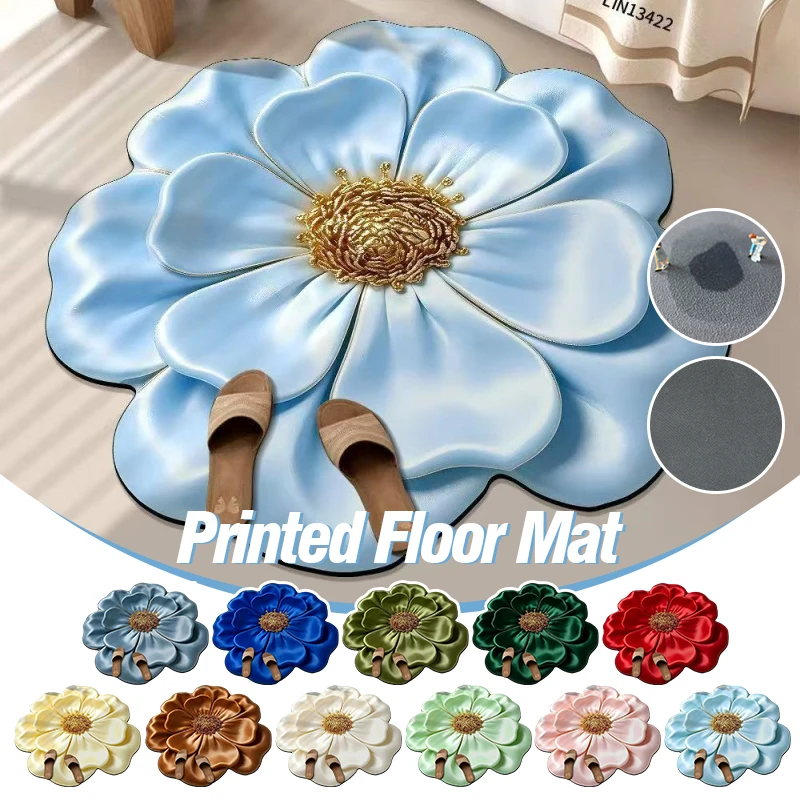 3D Visual Effects Floral Pattern Rug Bathroom Mat Non Slip Diatom Mud Absorbent Floor Mat Home Decor Creative Round Flower Mat