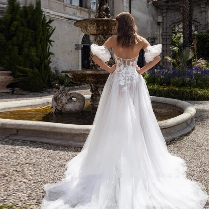 Romantische böhmische Spitze Brautkleid elegant eine Linie Tüll Land garten Brautkleider mit Ärmeln Frauen im Freien Braut