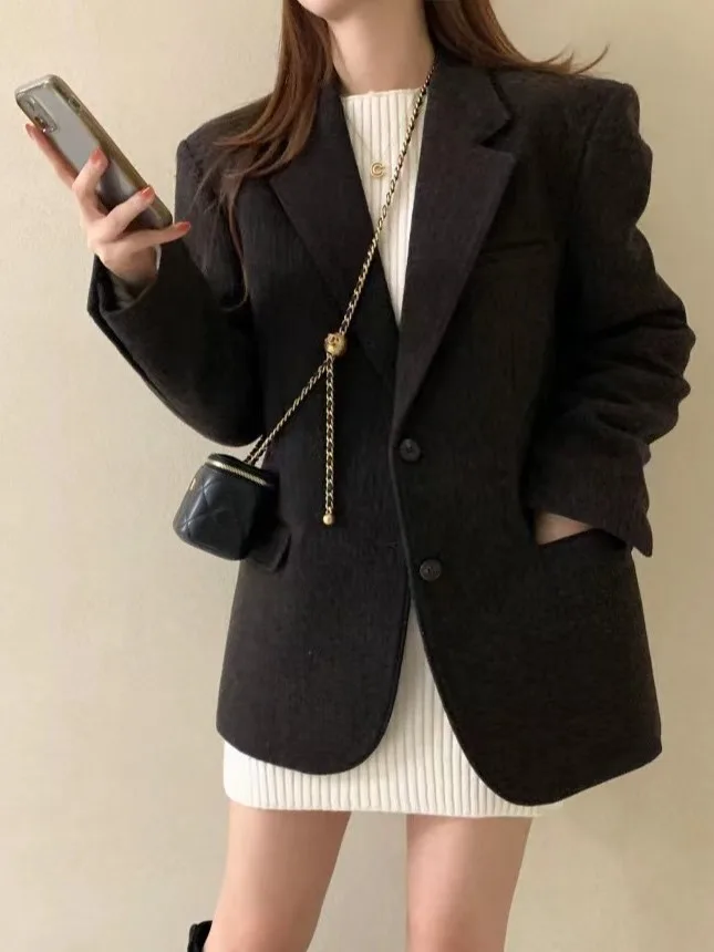 

Шерстяное пальто в стиле ретро, женское высококачественное свободное универсальное пальто с лацканами Jaet Long Sve, шерстяное пальто миди