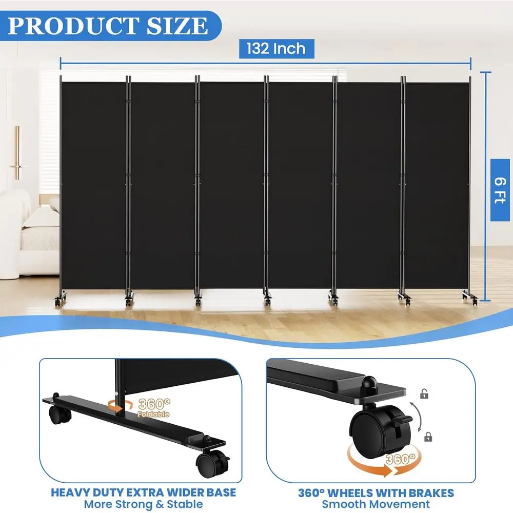 6-Panel Room Divider with Wheels, 132 Wide, Black Fabric Privacy Screen for Home, Dorm, or Office