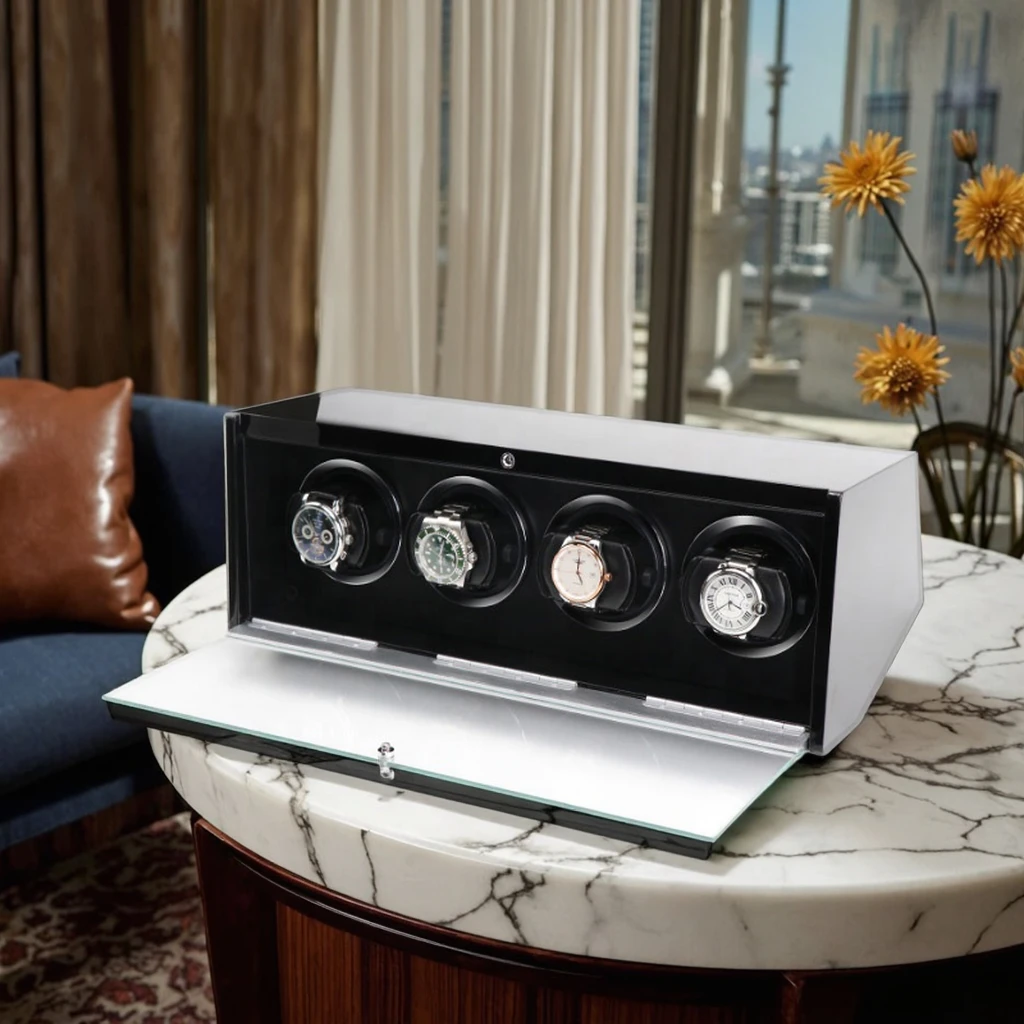 High-end 4-Slot Automatic Mechanical Watch Winder Eco-friendly Lacquered Vertical Winding Crystal/Glass Boxes OEM/ODM
