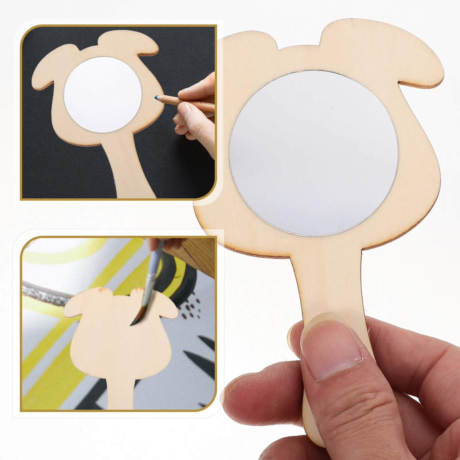 8Pcs Household DIY Wood Handheld Mirrors Kids Crafts Accessories Blank Mirrors for Desk Dressing Table Fun Wood Mirror