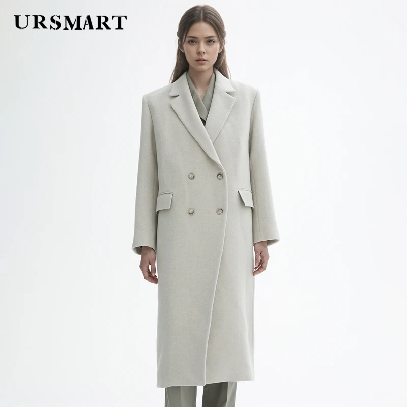 Elegant and minimalist double breasted knee length women's wool coat customized wool blend beige winter warm work women's coat