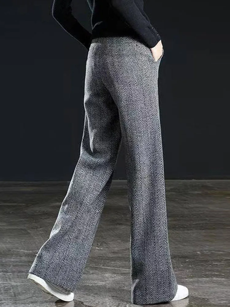 Women Casual Woolen Loose Straight Pants Korean Fashion High Waist Wide Leg Sweatpants Spring Fall Wool Blend Solid Pantalones