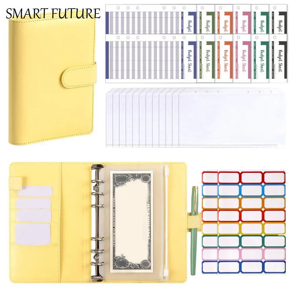 Quaderno A6 per budget in contanti Pulsante magnetico Quaderno a fogli mobili color macaron con etichette indice Righello bobina Cartella in pelle PU Ufficio