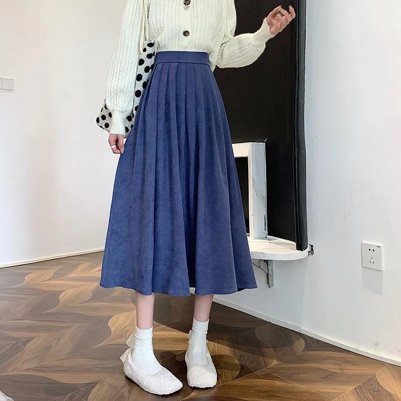 GIDYQ Vintage Women High Waist Pleated Skirt Korean Elegant College Style Midi Skirt Casual All Match Student A Line Skirts New